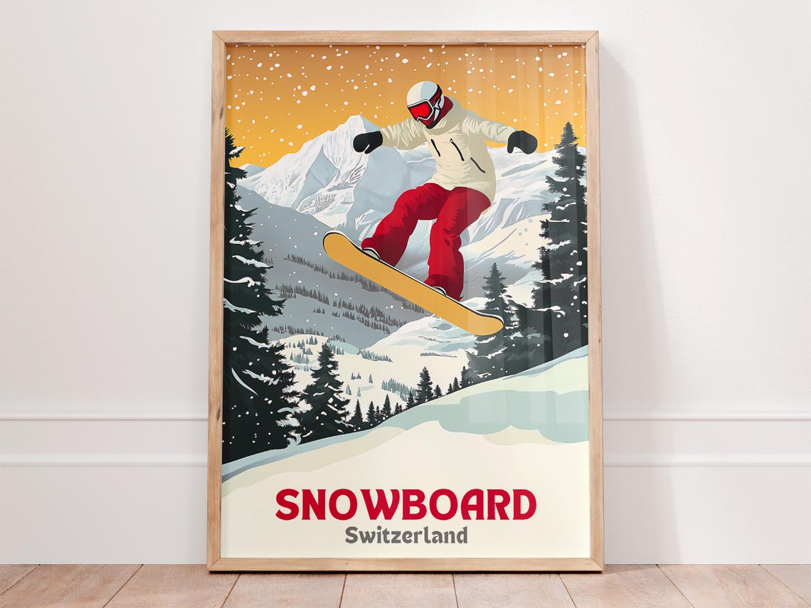 Snowboard Switzerland Jumping Snowboarder Alpine Slopes Poster