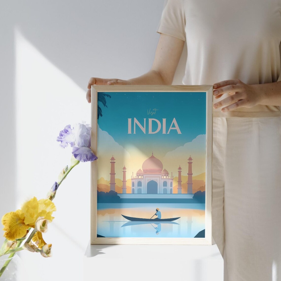 Visit India Taj Mahal Sunset with Boat Minimalist Travel Poster - Image 2