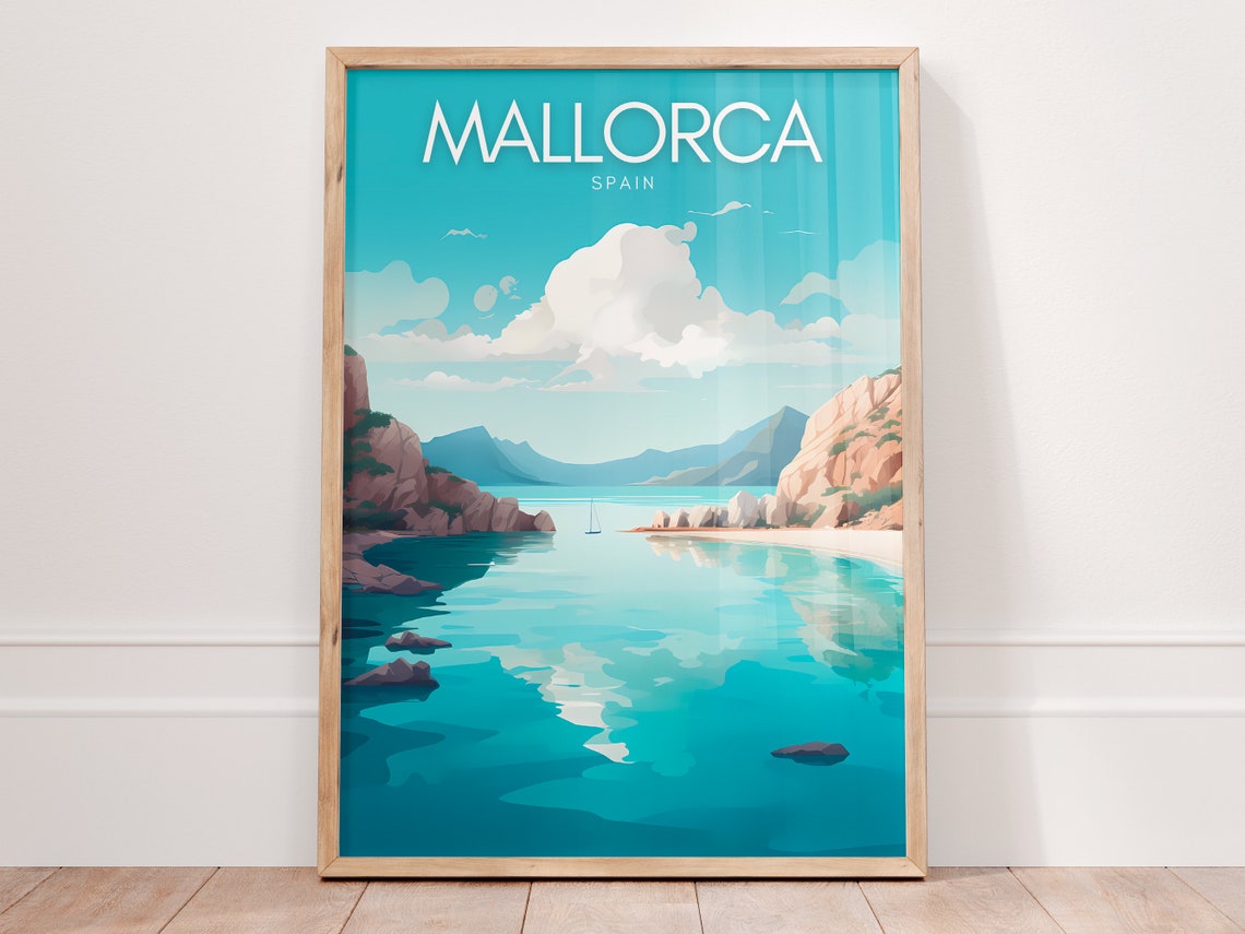 Mallorca Spain Poster with Turquoise Cove between Rocky Cliffs