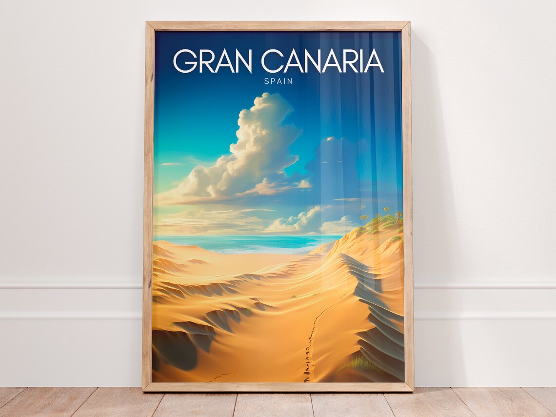 Gran Canaria Spain Poster with Golden Dunes Leading to Turquoise Sea