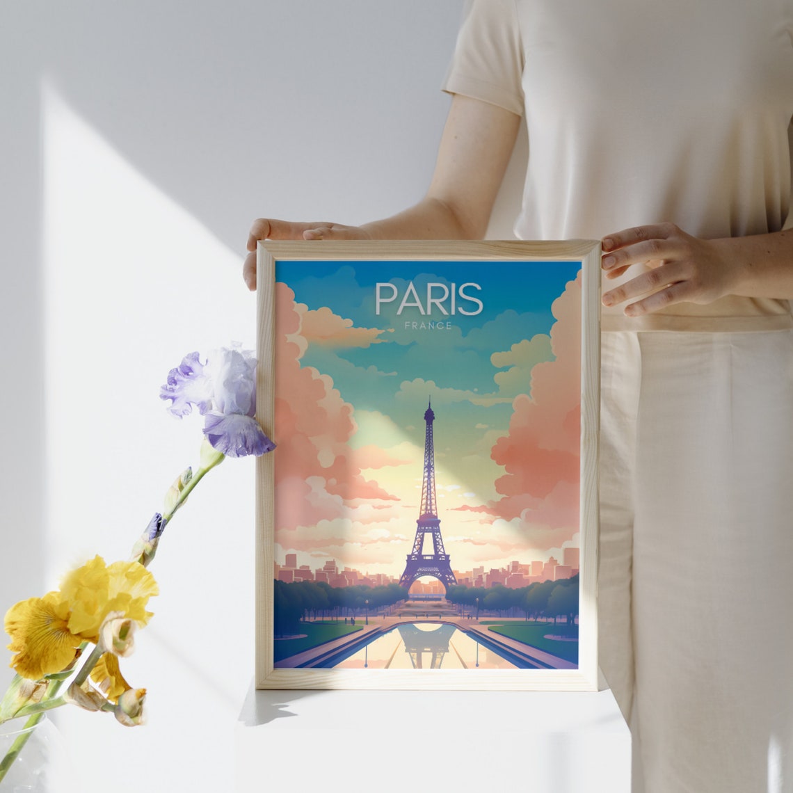 Paris France Eiffel Tower Sunset Pink Clouds City Travel Poster - Image 3