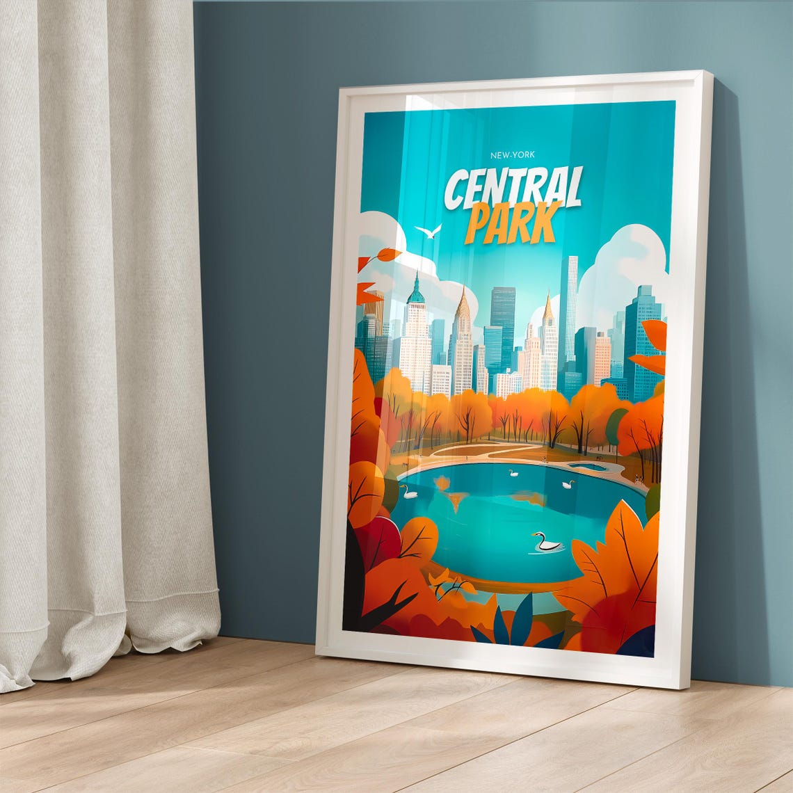 Central Park New York Autumn Orange Trees Lake Skyline Poster - Image 5