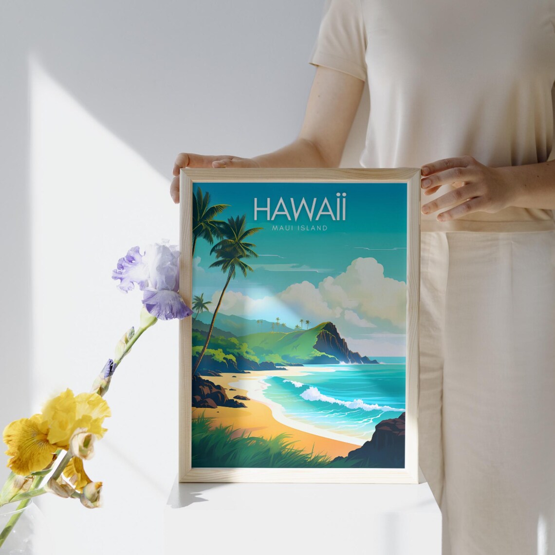 Hawaii Maui Island Golden Palm Beach Turquoise Cliffs Travel Poster - Image 2