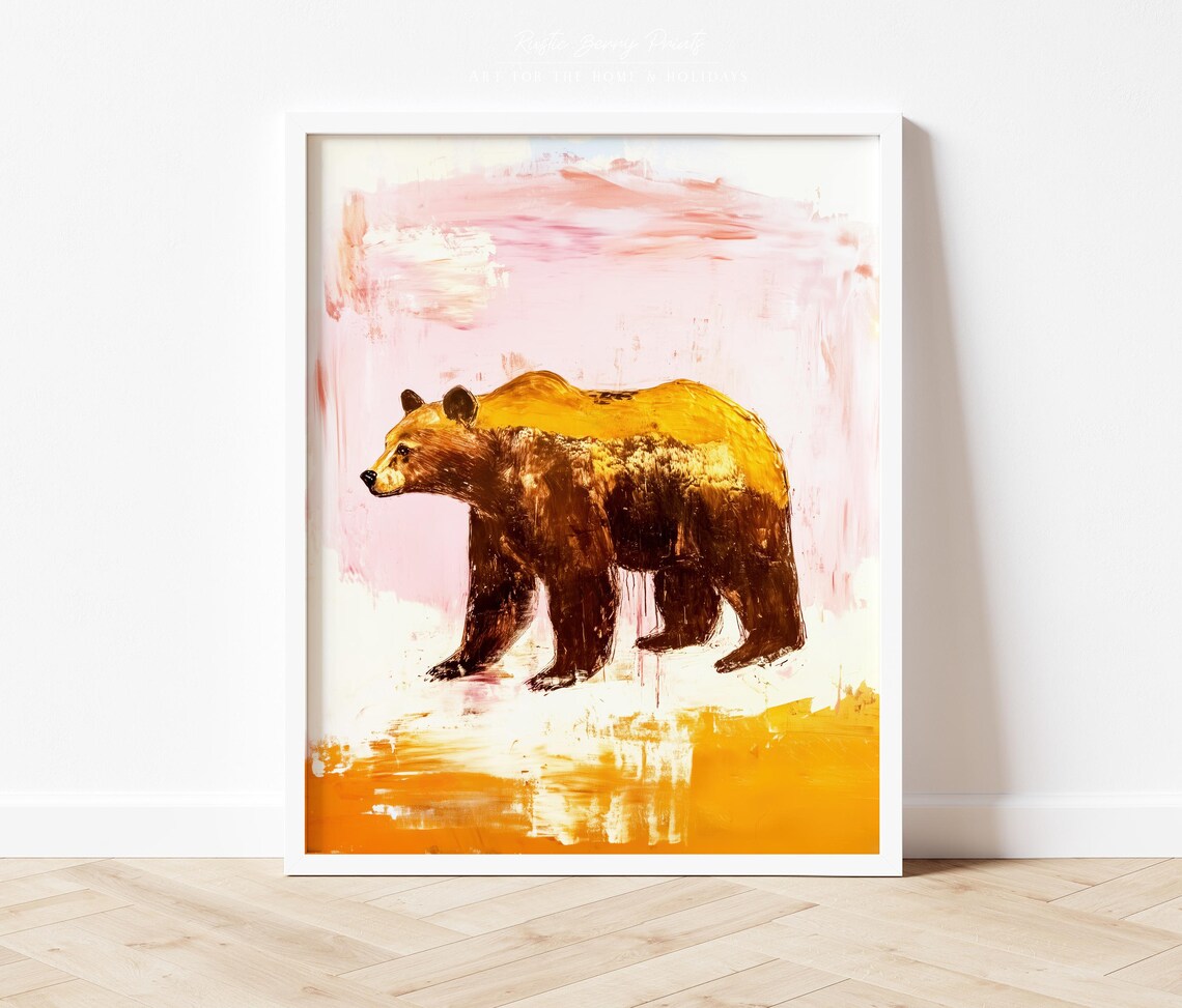 Brown Bear Walking Pink Orange Background Painterly Wildlife Art Poster