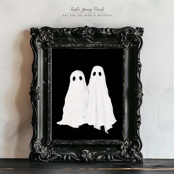 Two Simple Sheet Ghosts On Black Background Minimal Halloween Wall Art