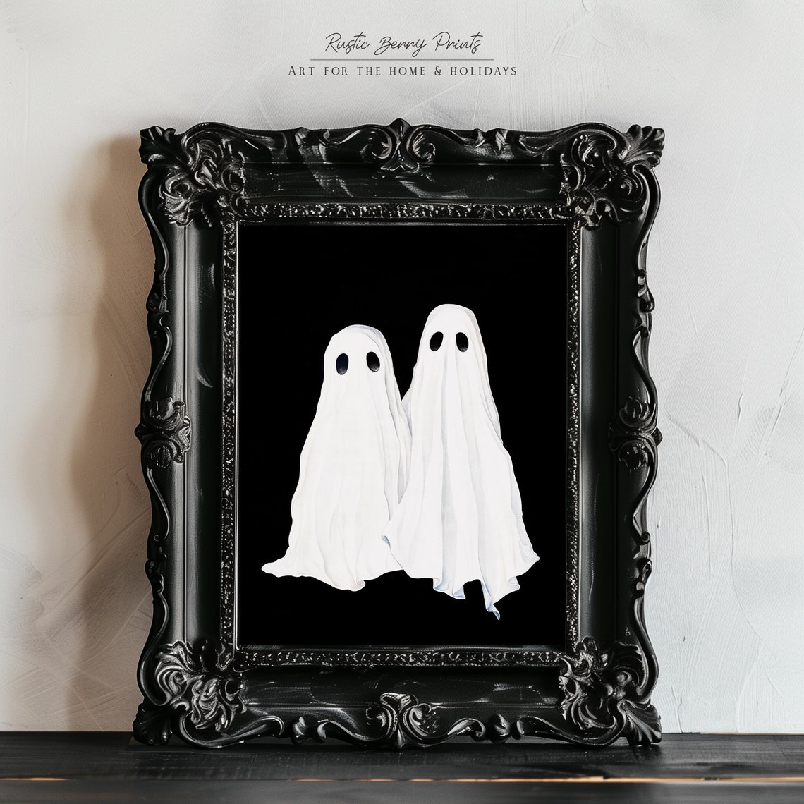 Two Simple Sheet Ghosts On Black Background Minimal Halloween Wall Art