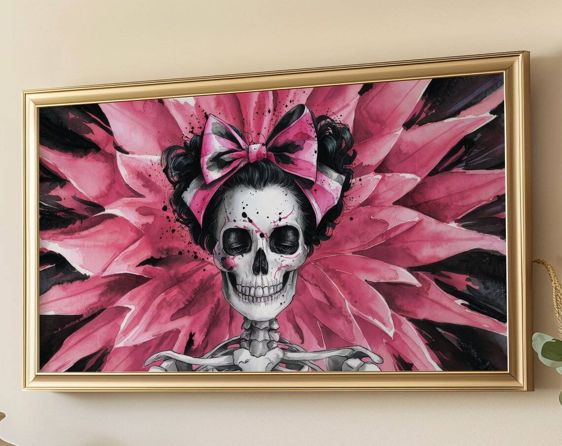 Pink Goth Skeleton With Bow Dark Coquette Watercolor Halloween Wall Poster - Image 5