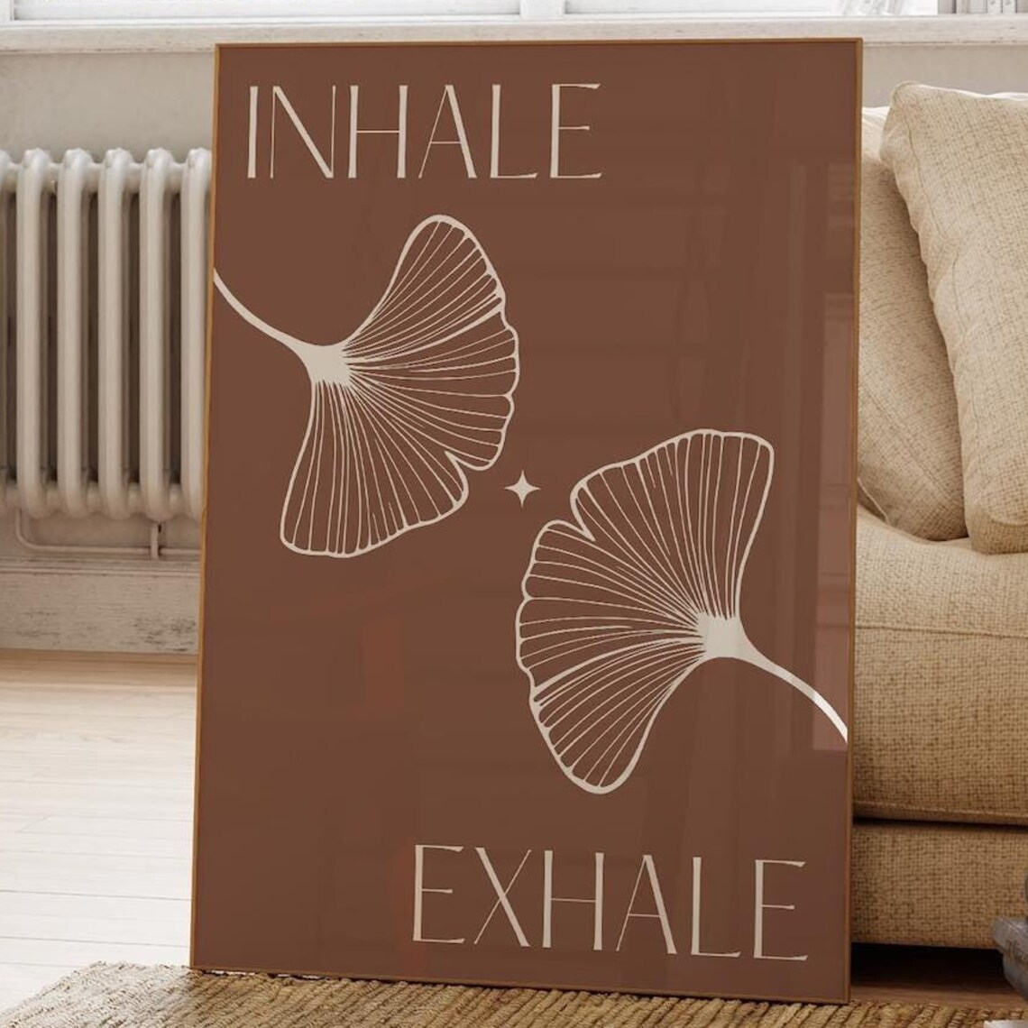 Inhale Exhale Ginkgo Leaf Botanical Brown Minimalist Typography Poster