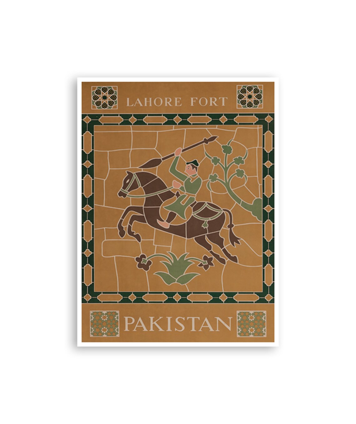Lahore Fort Pakistan Vintage Mughal Mosaic Horseman Travel Poster