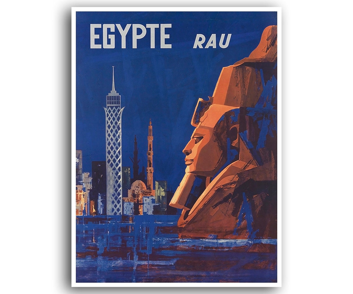 Egypte RAU Cairo Tower Pharaoh Colossus Vintage Egypt Poster
