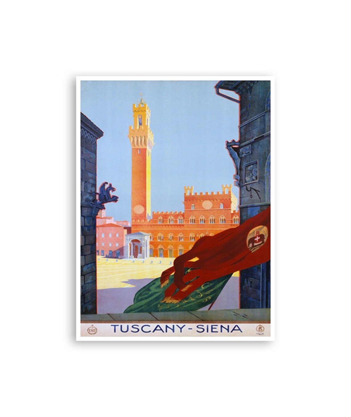 Tuscany Siena Vintage Travel Poster With Palazzo Pubblico Piazza Scene