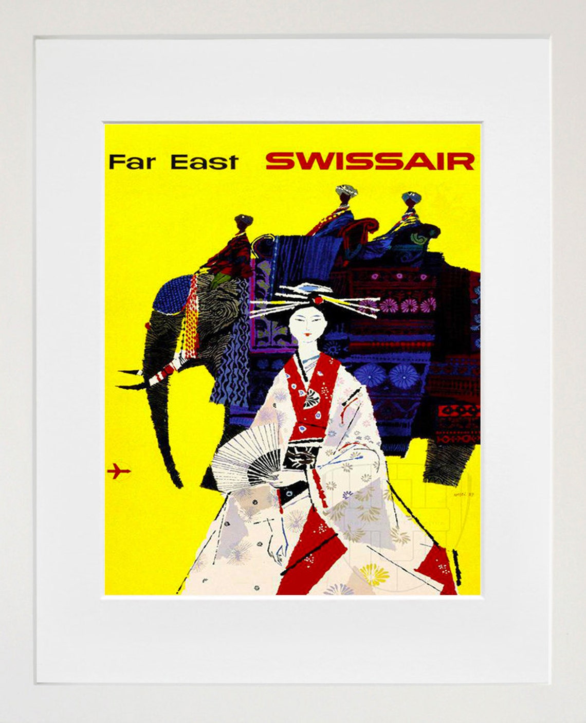 Swissair Far East Yellow Geisha Elephant Vintage Airline Poster - Image 2