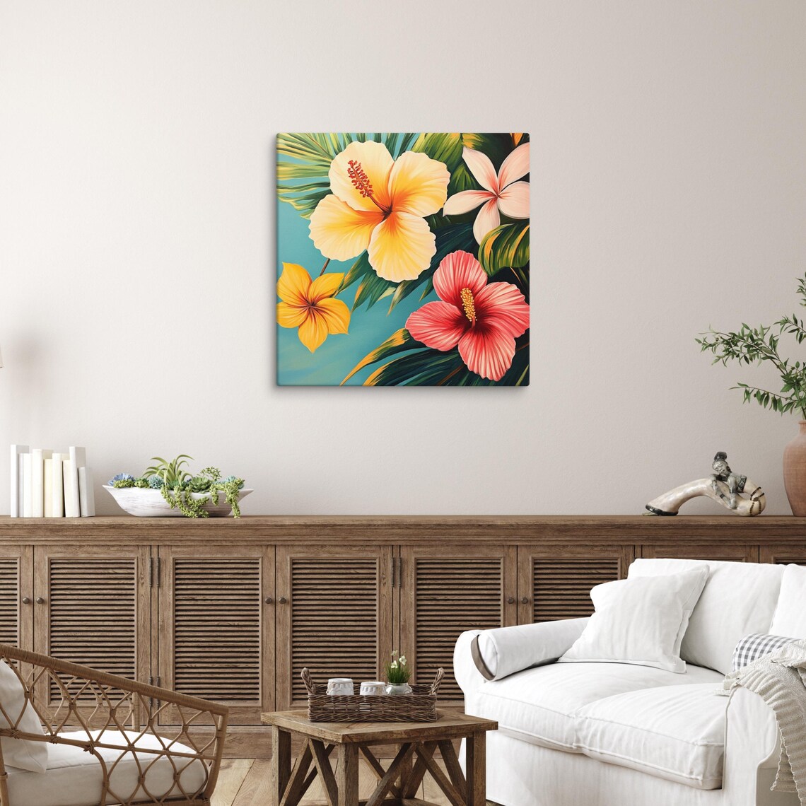 Tropical Hibiscus Golden Yellow Coral Blooms Turquoise Wall Art Poster - Image 3