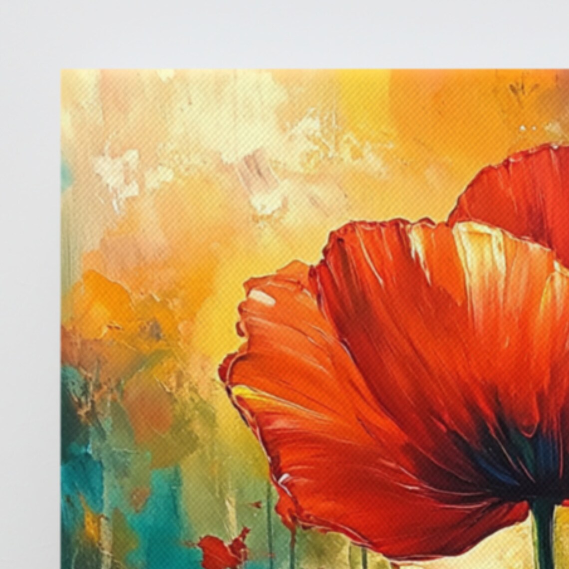 Red Poppy Blooms Teal Gold Impressionist Painting Art Poster - Image 3