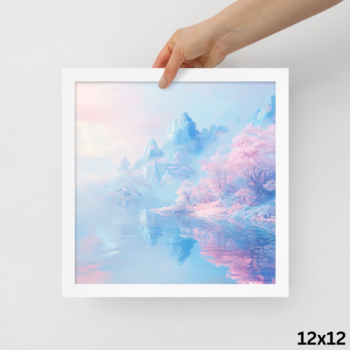 Pastel Blue Mountains Pink Cherry Blossom Lake Reflection Art Print - Image 3
