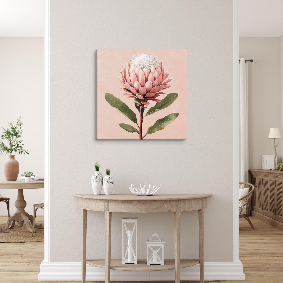 Pink Protea Flower Blush Background Exotic Floral Painting Art Poster - Image 3
