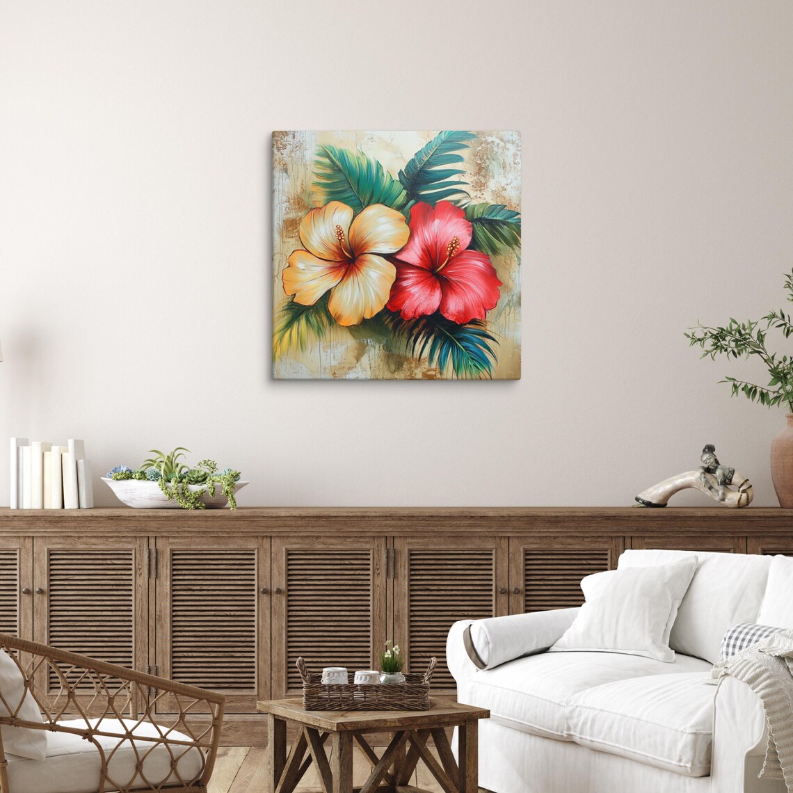 Tropical Hibiscus Red Yellow Flowers Palm Leaves Painting Poster - Image 5