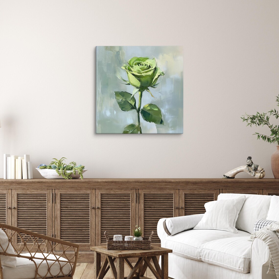 Green Rose Bloom Impasto Painting Cool Blue Background Art Poster - Image 3