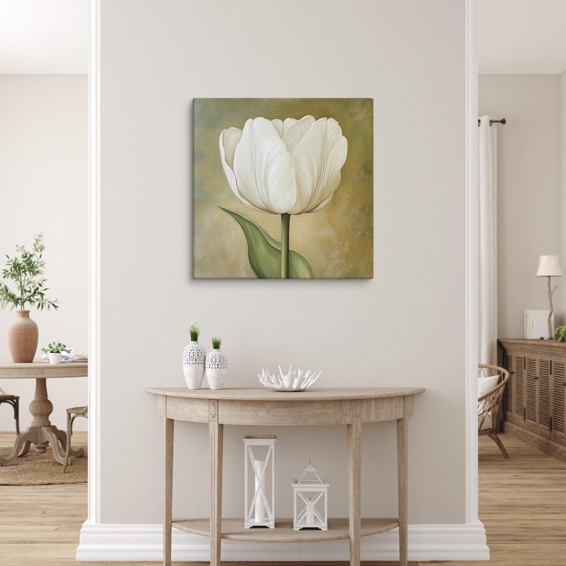 White Tulip Bloom Golden Olive Background Botanical Wall Art - Image 5