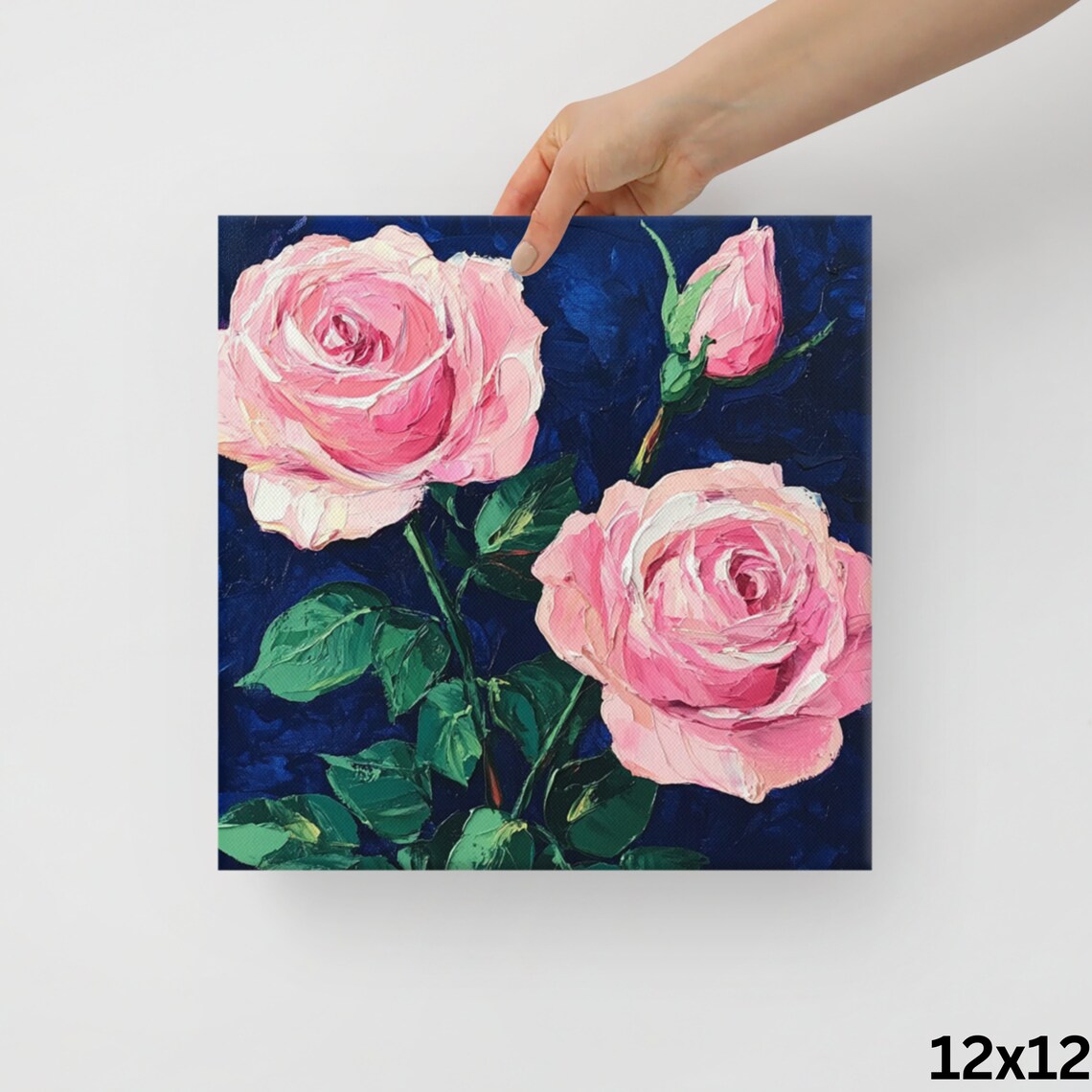 Pink Roses Impasto Oil Blooms Navy Blue Background Art Poster - Image 2