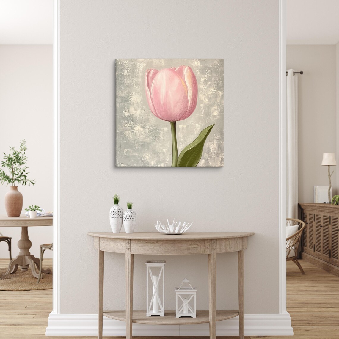 Blush Pink Tulip Tall Green Stem Textured Beige Modern Minimal Poster - Image 5