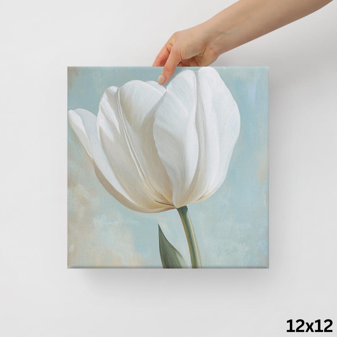 White Tulip Bloom Close-Up Serene Blue Floral Art Wall Poster - Image 2
