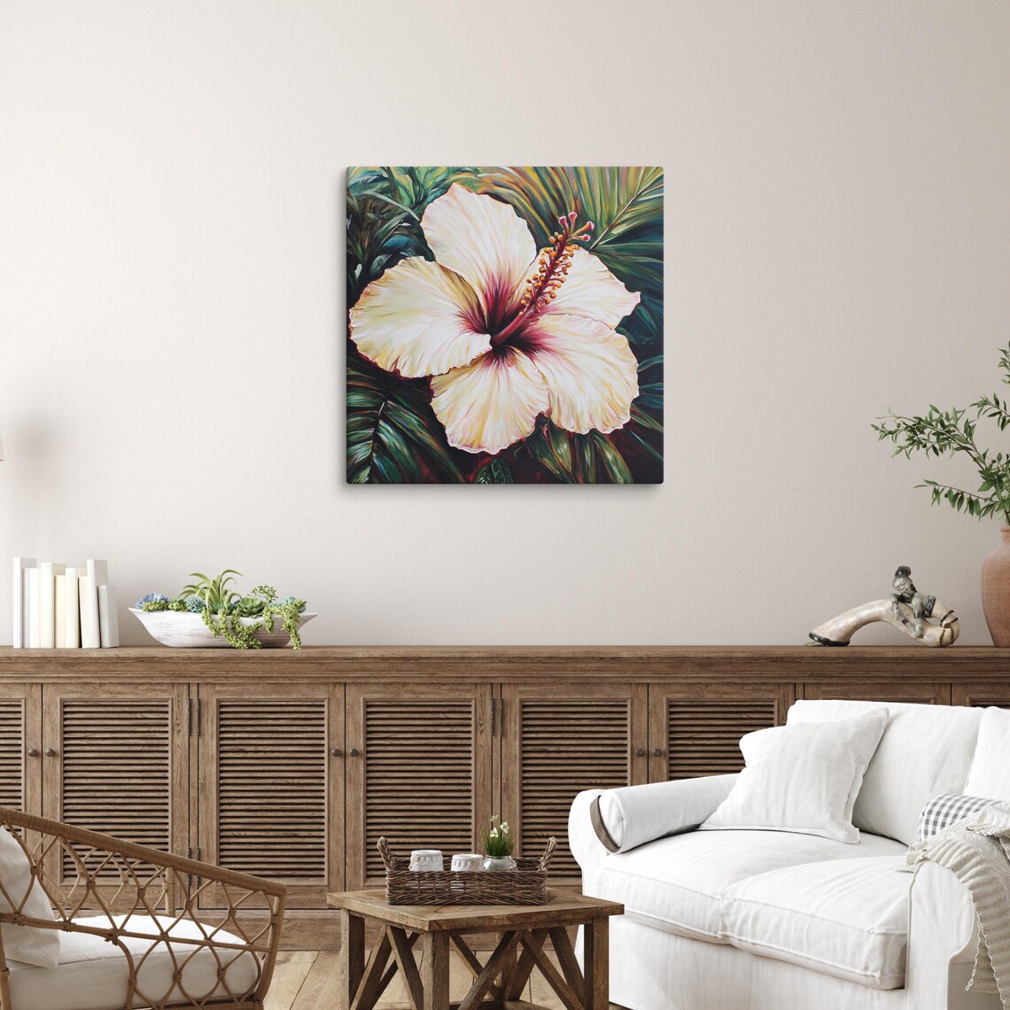 White Hibiscus Tropical Bloom Dark Foliage Painting Print Poster - Image 4
