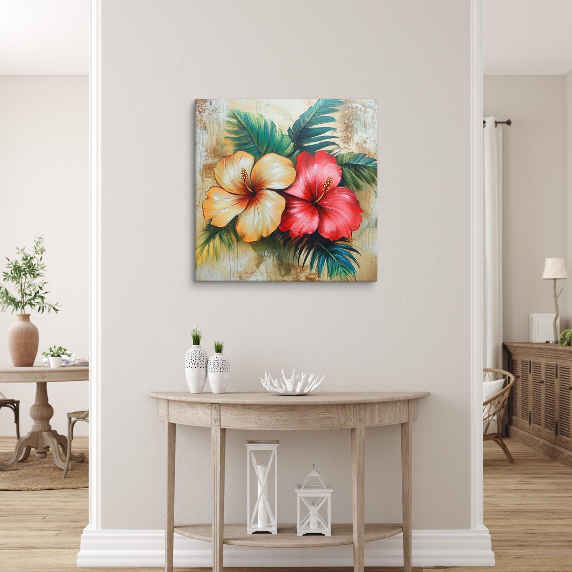 Tropical Hibiscus Red Yellow Flowers Palm Leaves Painting Poster - Image 3