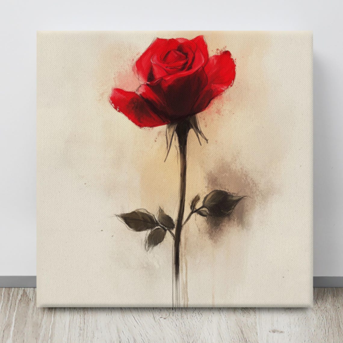 Red Rose Tall Stem Minimalist Watercolor Cream Elegant Romantic Poster - Image 4