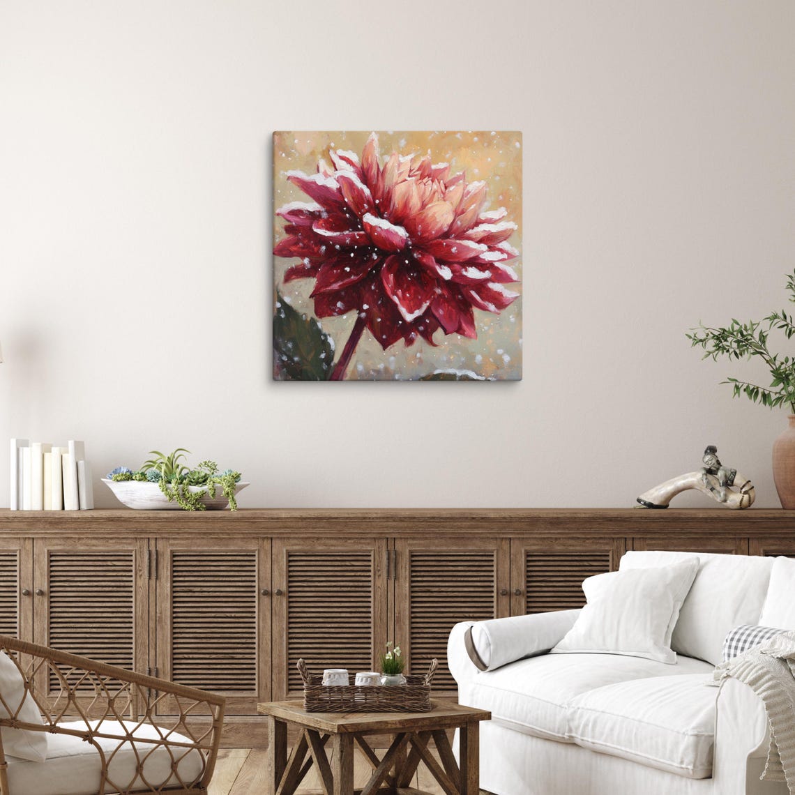 Red Dahlia Snow Dusted Petals Winter Floral Oil Painting Poster - Image 5