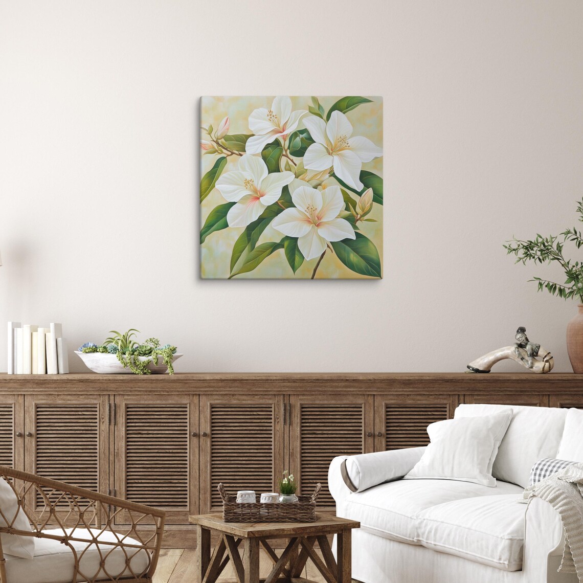 White Hibiscus Blossoms Green Leaves Cream Painting Art Poster - Image 5