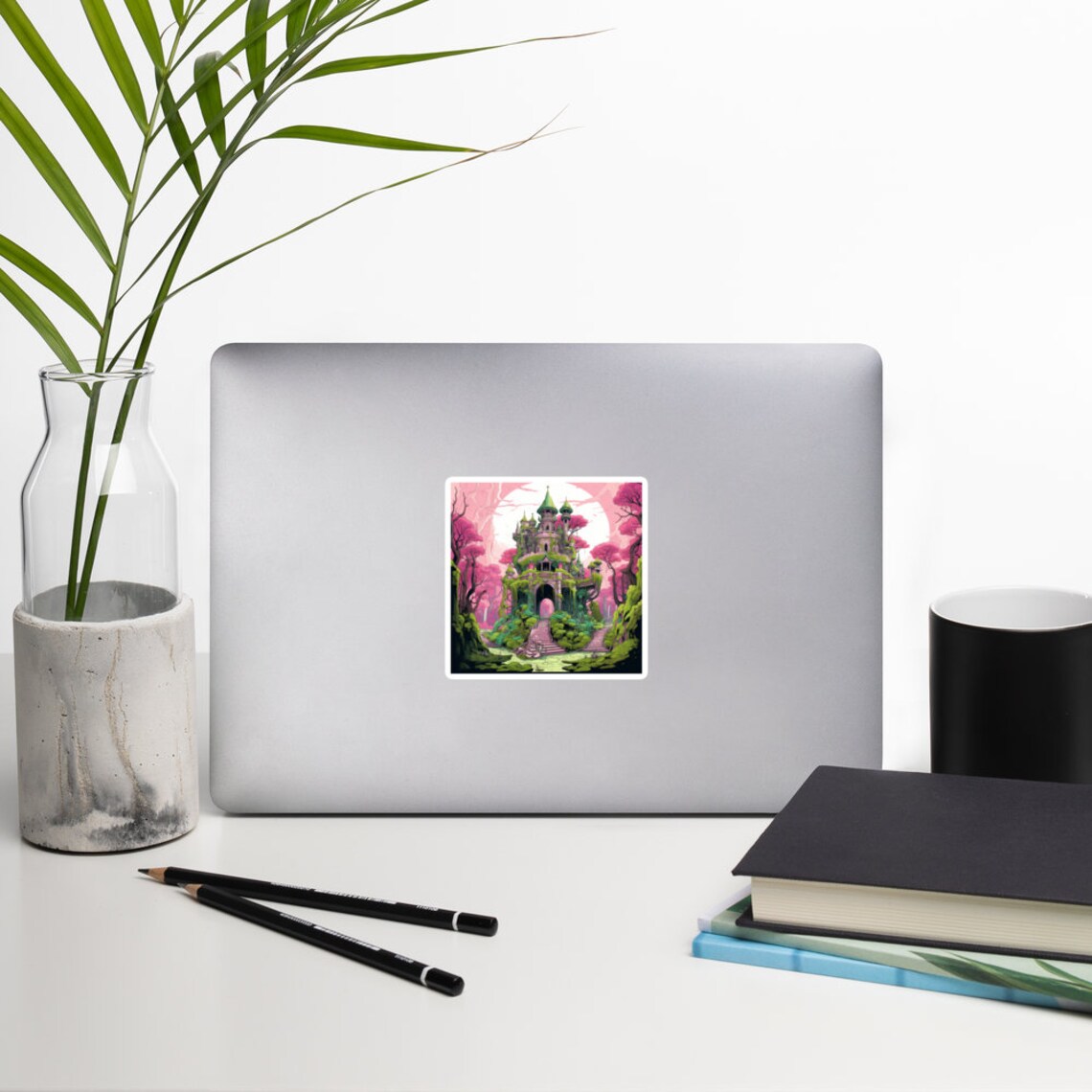 Mossy Palace Sticker Pink Blossoms Fairytale Castle Fantasy Decal Gift Art - Image 2