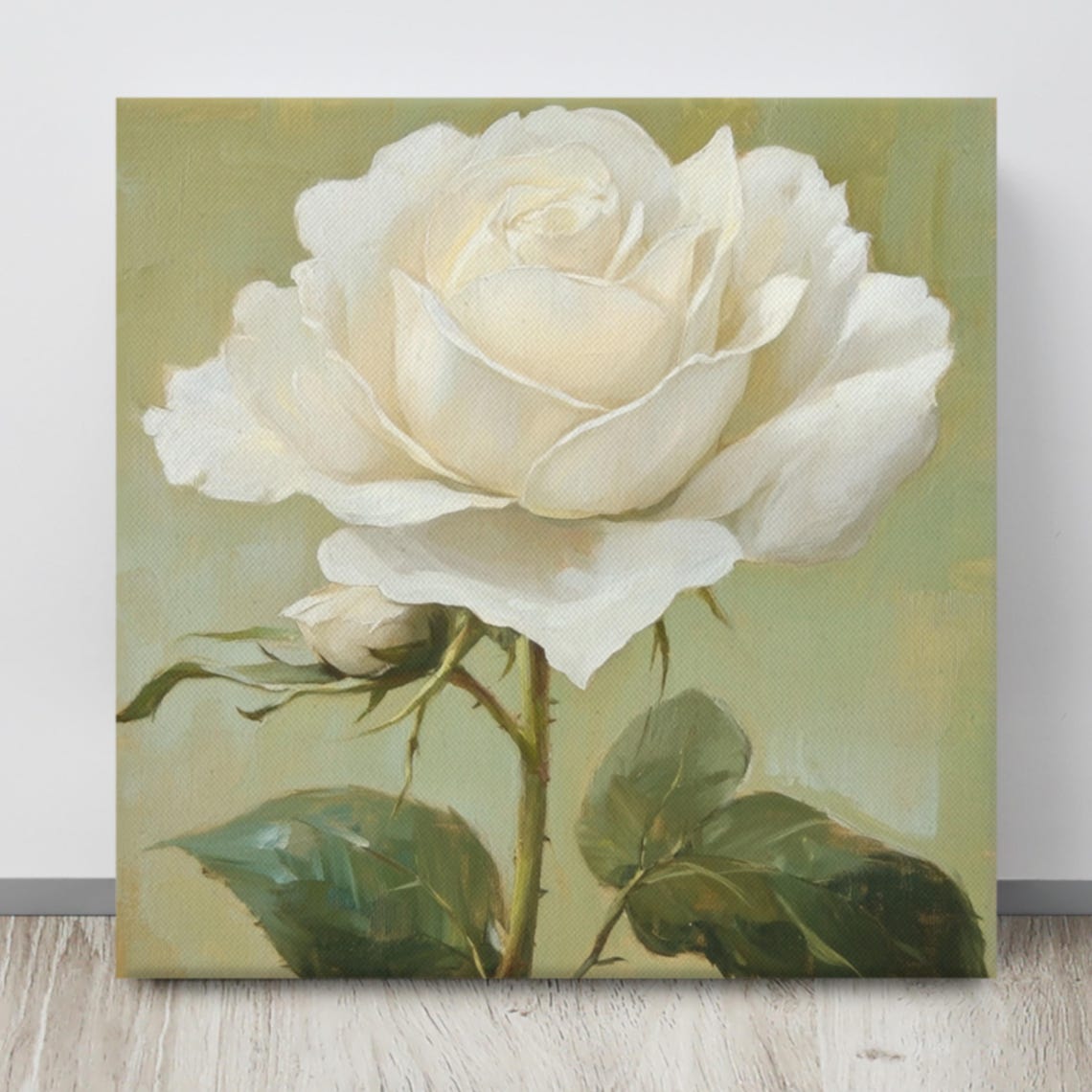 Elegant White Rose Bloom Bud Olive Green Floral Painting Print - Image 4