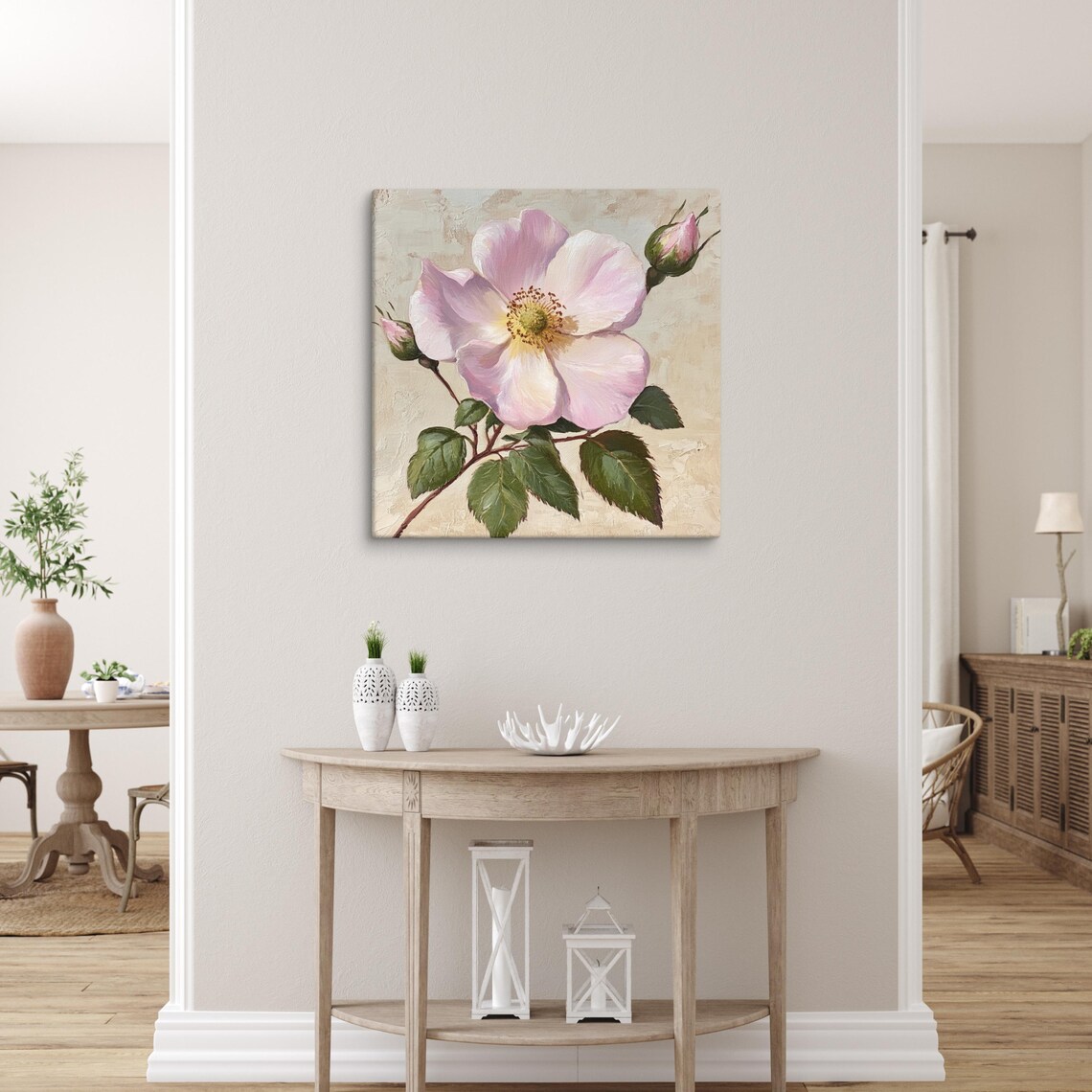Pale Pink Dog Rose Golden Stamens Green Leaves Vintage Soft Oil Poster - Image 3