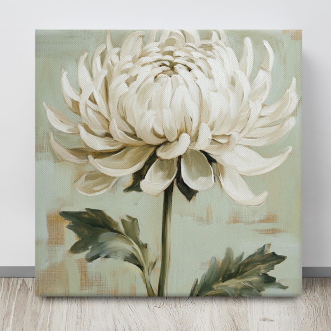 White Chrysanthemum Large Bloom Sage Green Botanical Flower Poster - Image 4