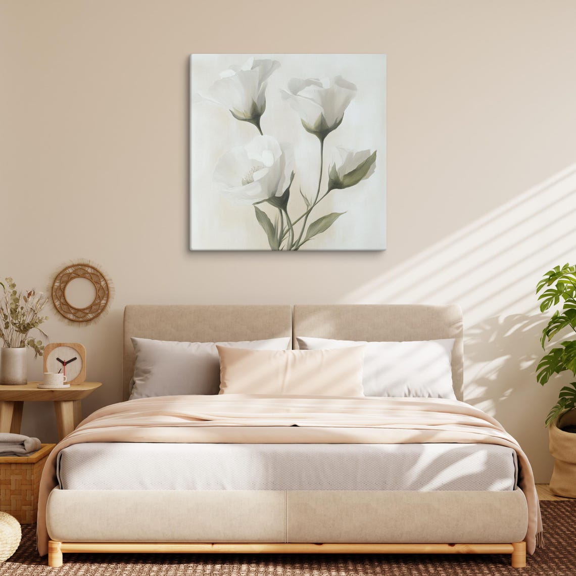 White Lisianthus Delicate Blooms Beige Botanical Floral Art Poster - Image 2