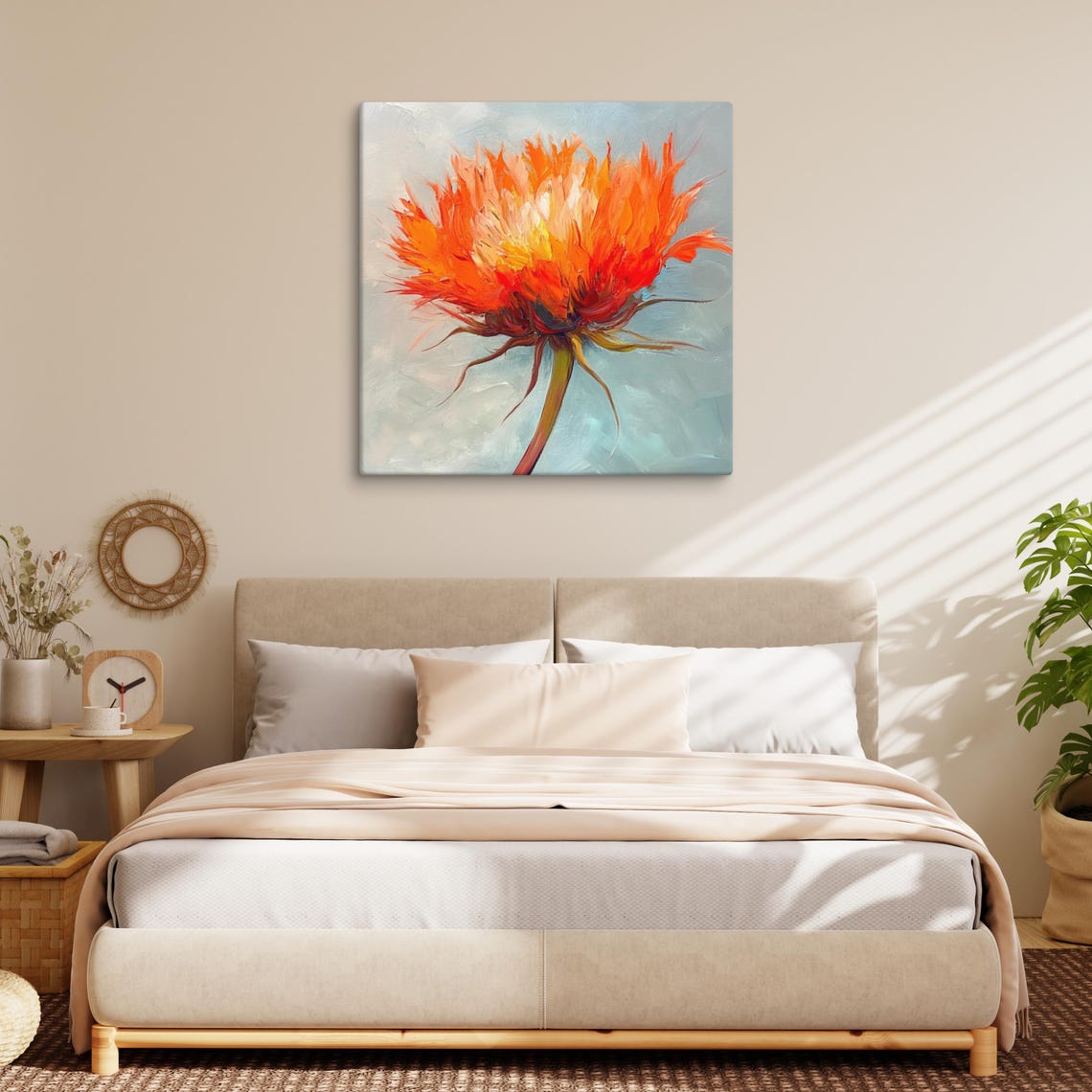 Orange Safflower Bloom Fiery Petals Blue Gray Impasto Wall Art - Image 3