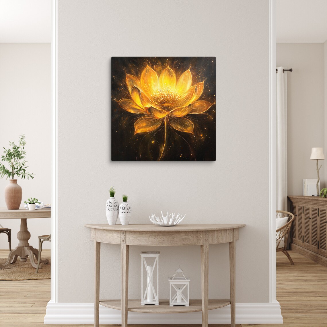 Golden Lotus Glowing Black Background Luminous Fantasy Flower Poster - Image 2