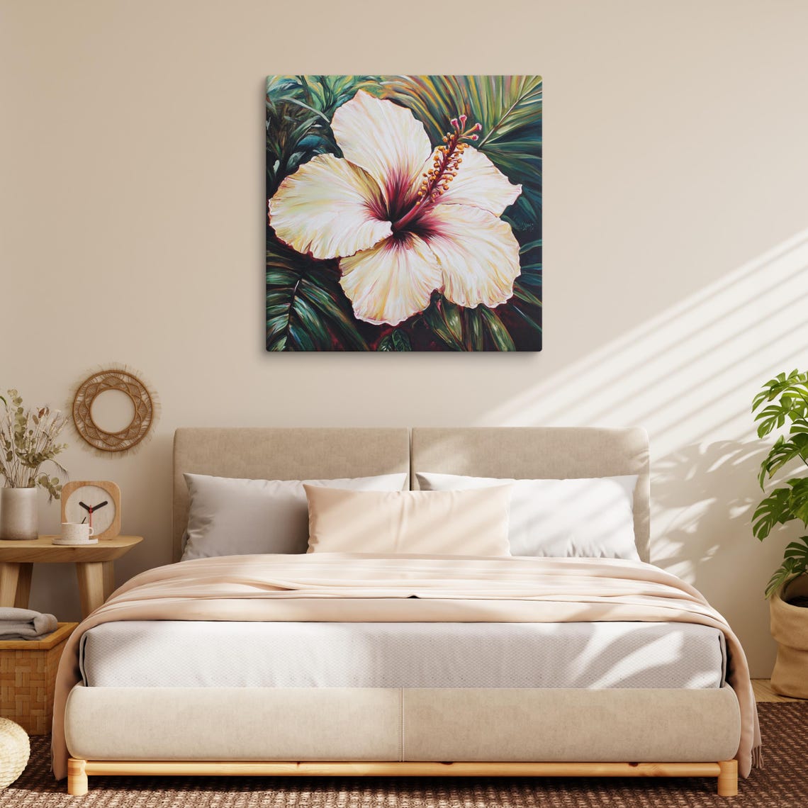 White Hibiscus Tropical Bloom Dark Foliage Painting Print Poster - Image 5