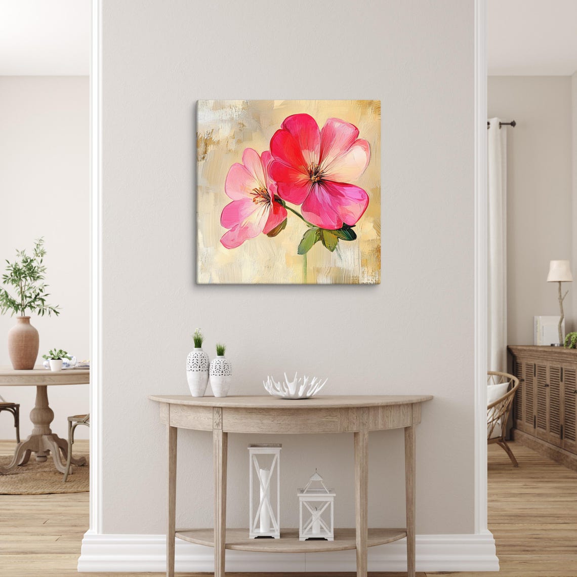 Pink Geranium Blossoms Cream Textured Background Painting Art Poster - Image 5
