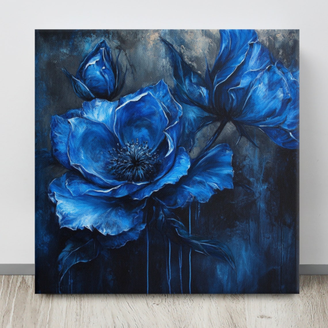 Cobalt Blue Flower Dark Moody Background Botanical Art Poster - Image 5