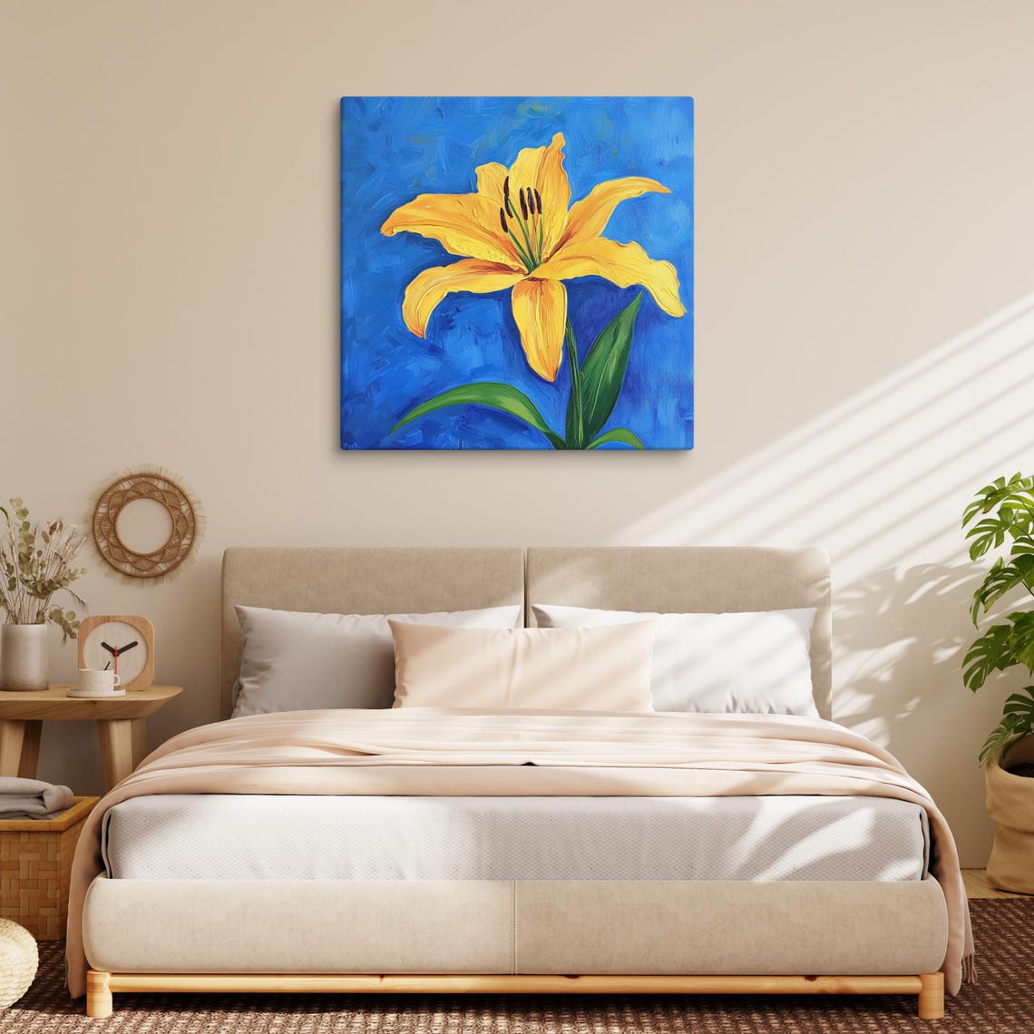 Golden Yellow Lily Bold Blue Background Botanical Floral Art Poster - Image 2