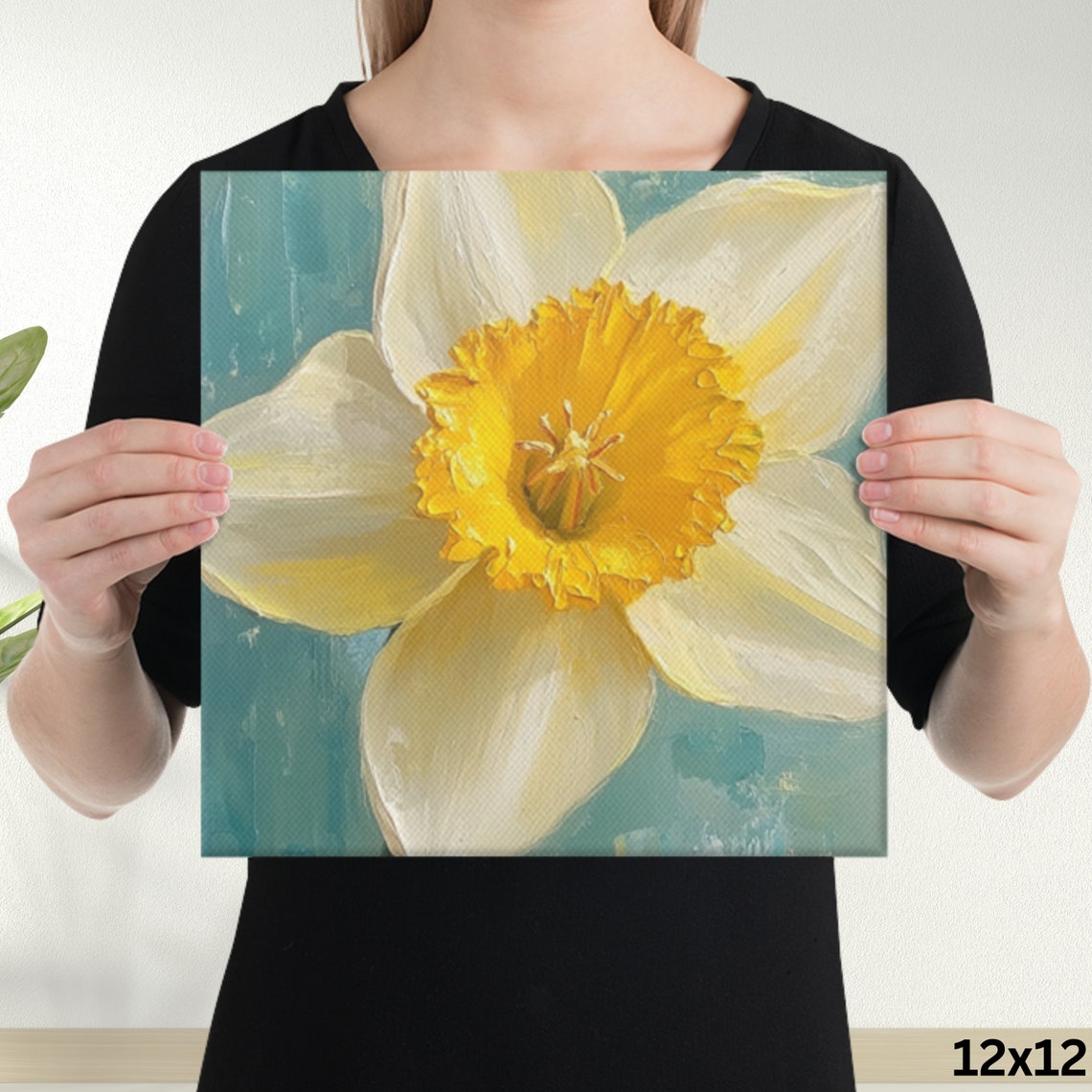 Yellow Daffodil Close Up Bloom Teal Background Oil Painting Poster - Image 2