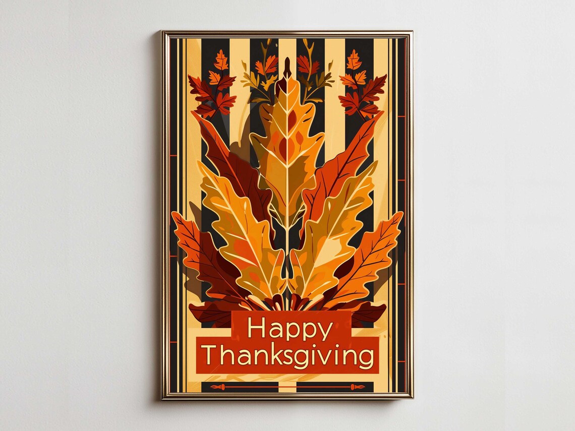 Happy Thanksgiving Art Deco Golden Autumn Leaves Holiday Poster