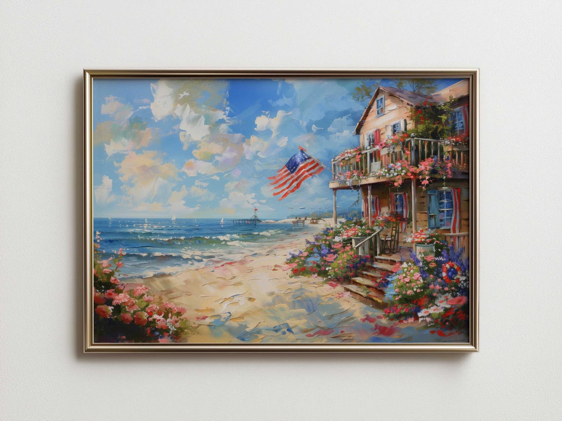 Coastal Americana Beach Cottage Art Print 4th Of July Seaside Decor