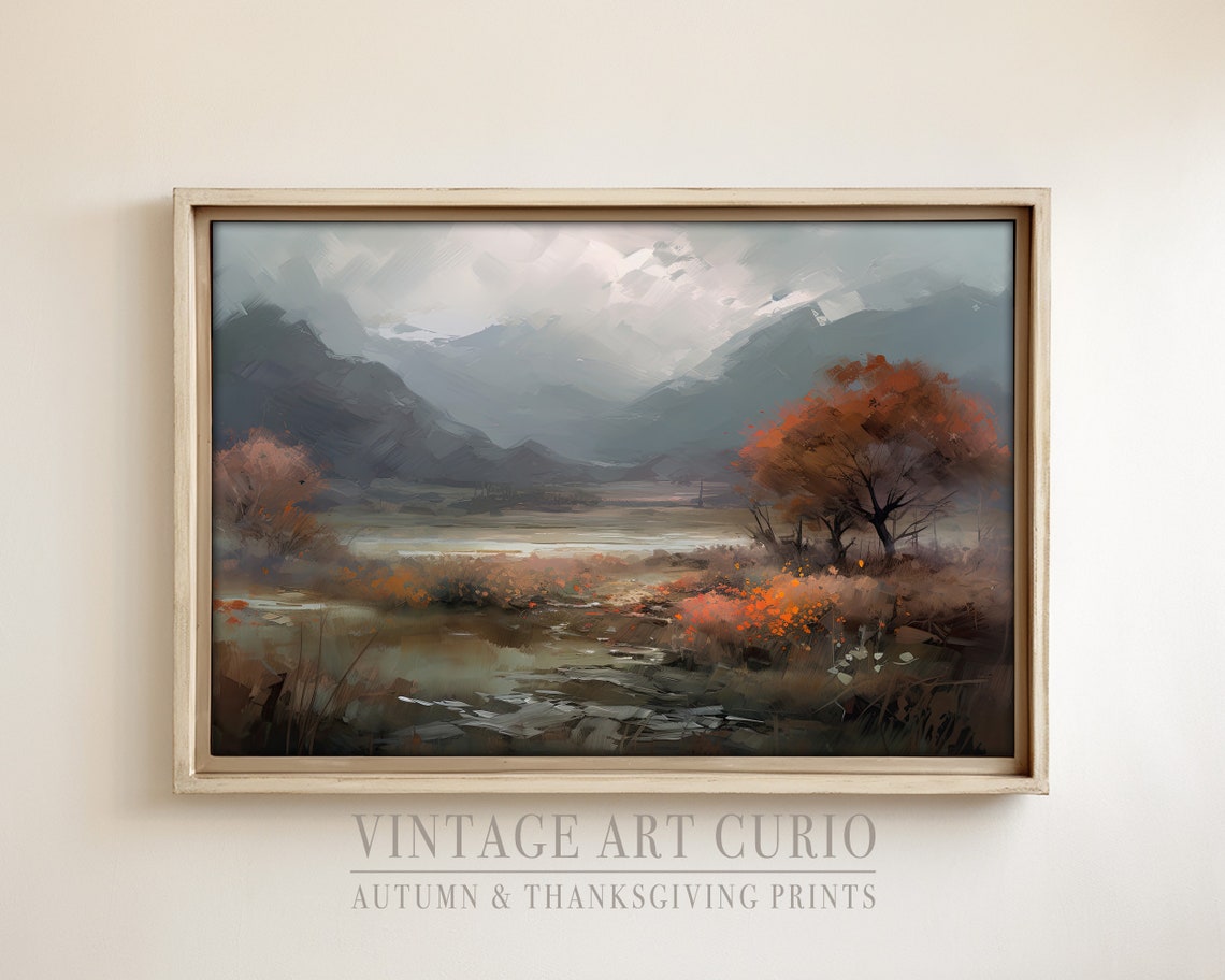 Rustic Autumn Mountain River Landscape Vintage Fall Poster Art