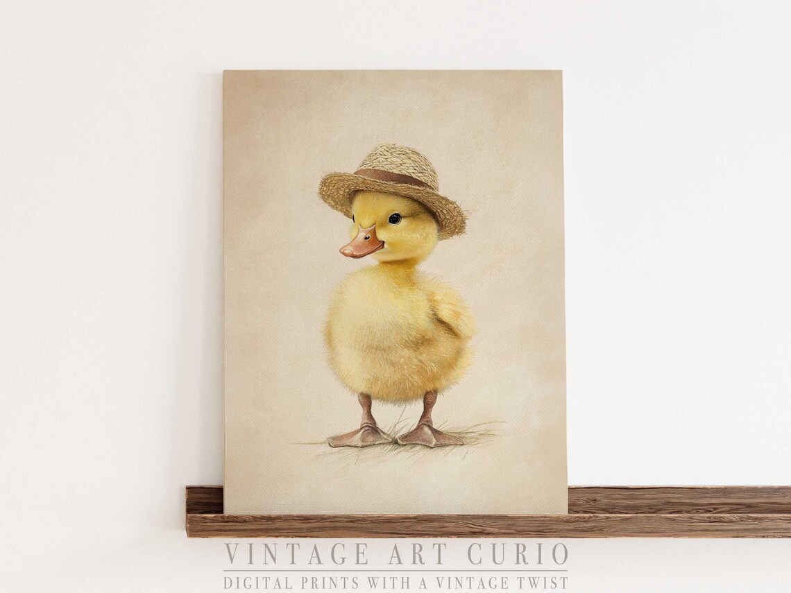 Baby Duckling in Straw Hat Cute Vintage Farm Animal Portrait Poster