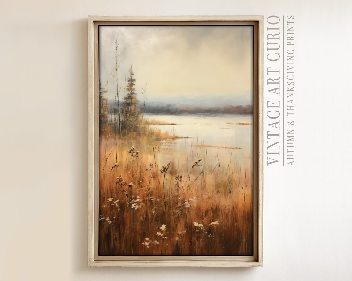 Golden Autumn Field Lake Wildflowers Vintage Landscape Poster