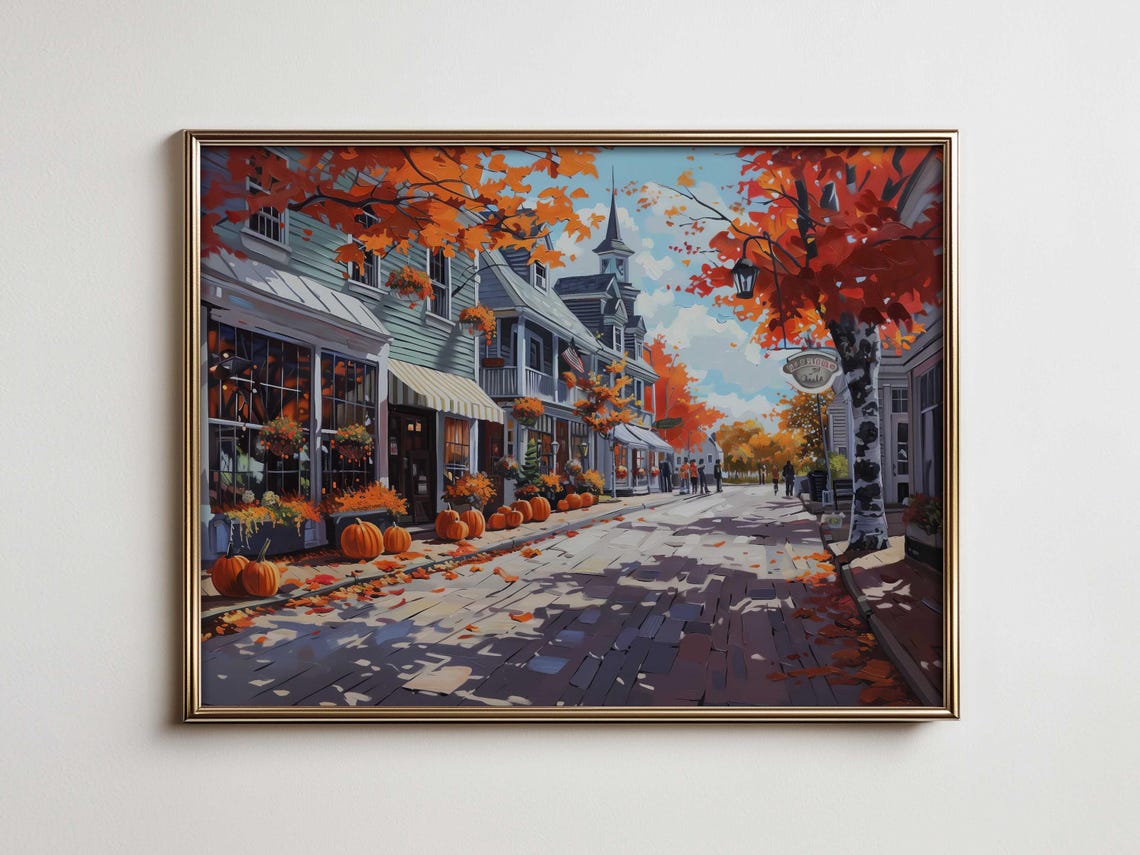 Autumn Main Street Pumpkins Shopfronts Birch Trees Fall Poster
