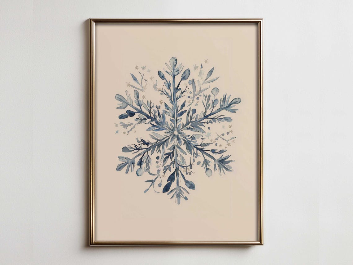 Blue Botanical Snowflake Watercolor Scandinavian Winter Art Poster
